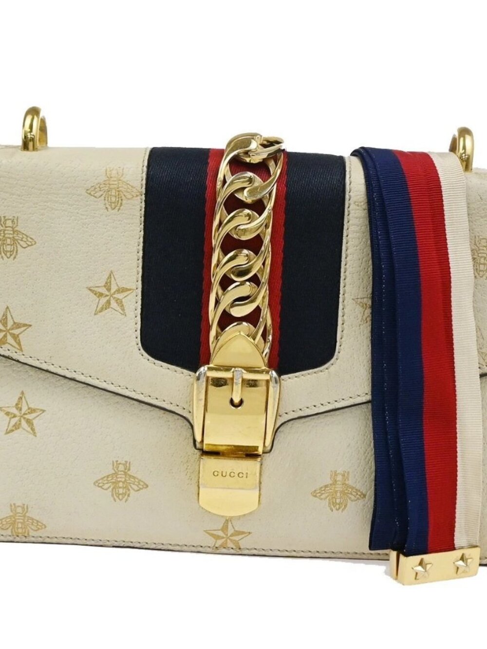 GUCCI Logo Bee Star Print Sylvie Shoulder Bag Leather Web Ribbon Ivory 71YJ087
